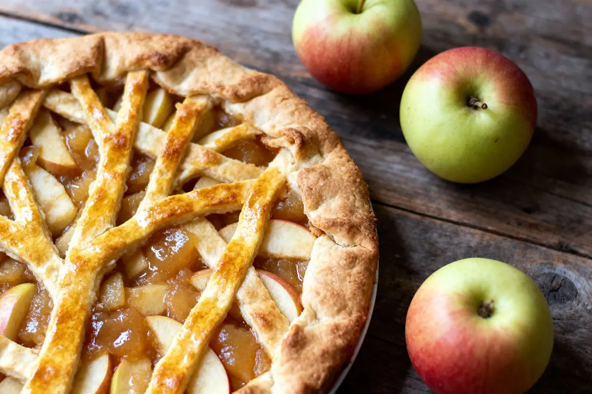 Tarte aux pommes dorée sur table en bois, entourée de trois pommes rouges et vertes.