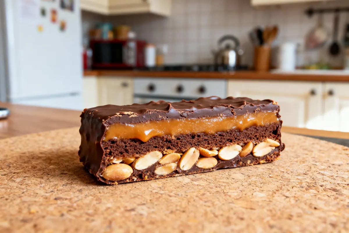 Barre chocolatée avec caramel et cacahuètes, posée sur une table en cuisine lumineuse.