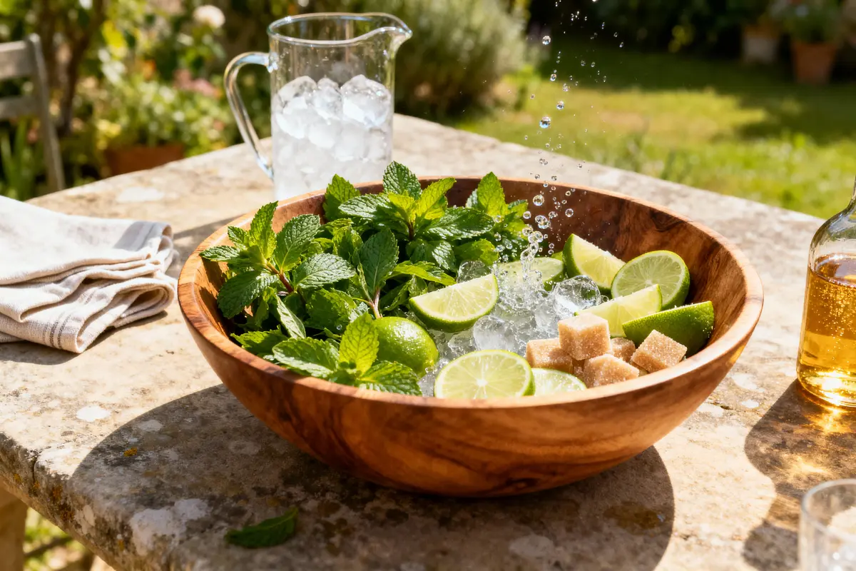 Bol en bois avec menthe, citrons verts, glaçons, sucre, pichet d'eau glacée, table en pierre, jardin en arrière-plan.