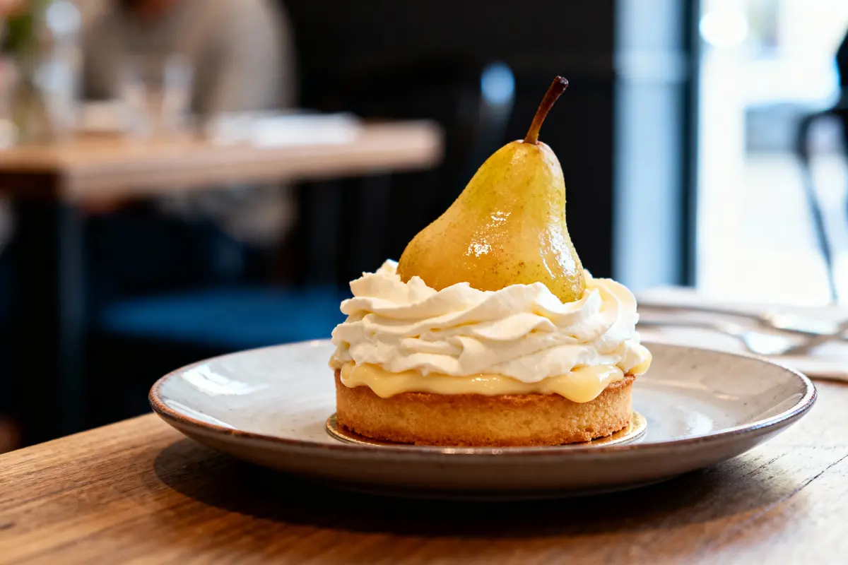 Tartelette sur assiette grise avec une poire entière et crème chantilly, fond flou de restaurant.