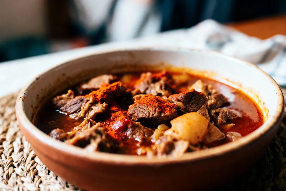 Plat de ragoût de boeuf épicé, garni de paprika, dans un bol en céramique.