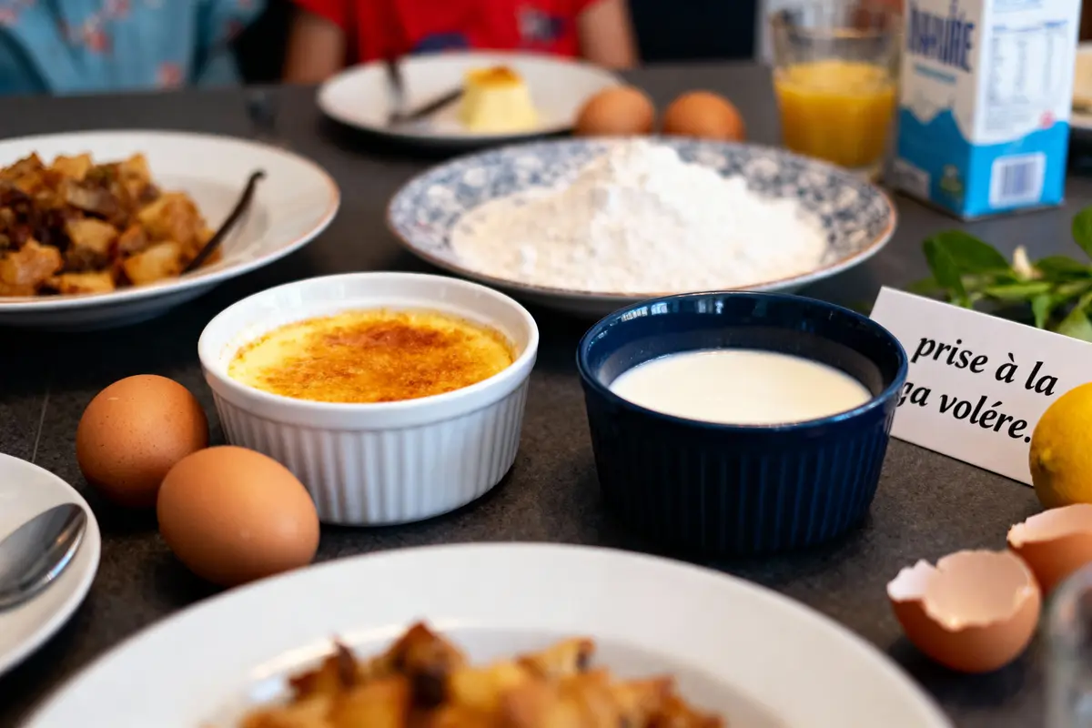 Tables dressées avec crème brûlée, œufs, farine, lait, citron. Fond de table et décoration variée.
