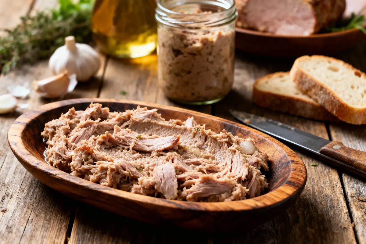 Assiette de rillettes de viande avec pain, couteau, ail, et pot en arrière-plan sur table en bois.