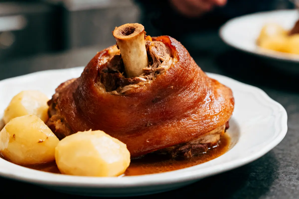 Plat de jarret de porc rôti avec pommes de terre, nappé de sauce, servi sur assiette blanche.