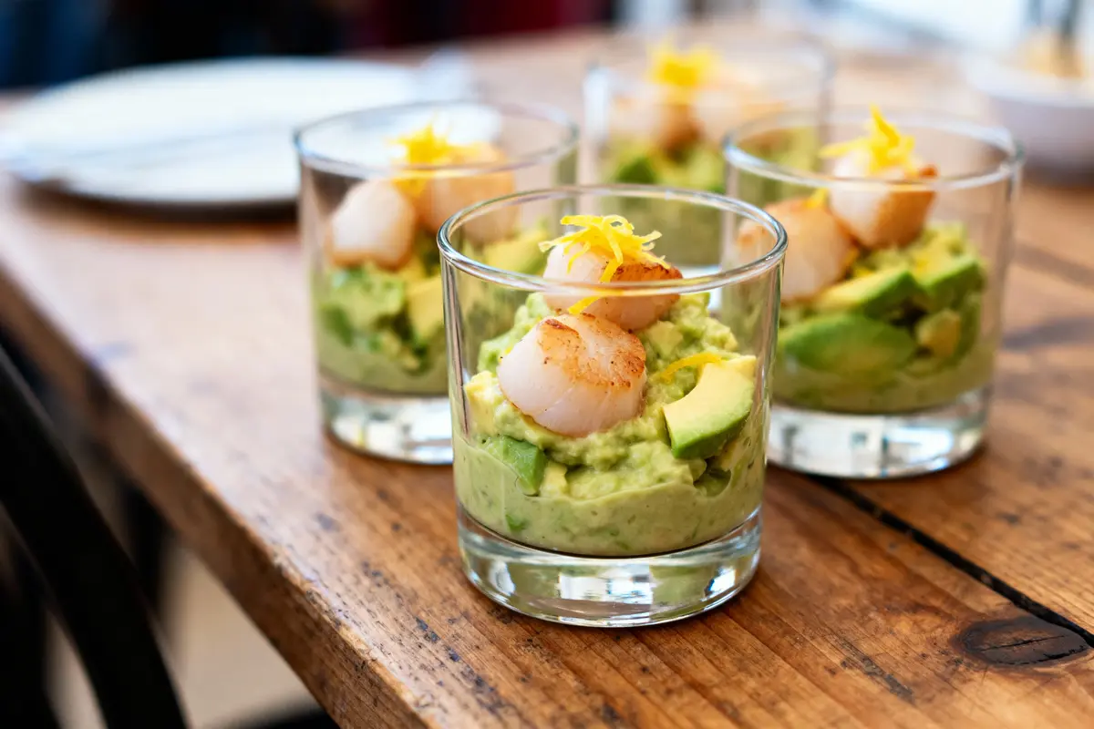 Verrines de purée d'avocat avec pétoncles grillés et zeste de citron sur une table en bois.