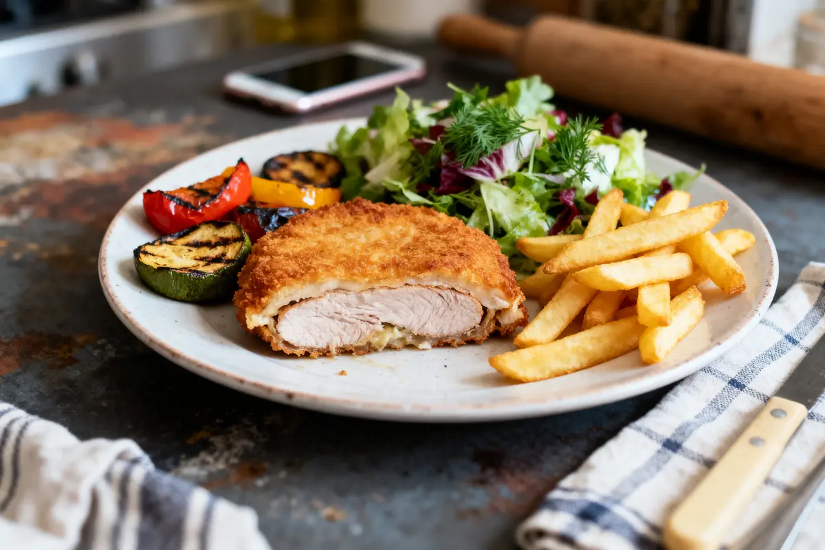 Assiette avec escalope panée, frites, légumes grillés, salade verte. Téléphone en arrière-plan, couteau sur nappe.