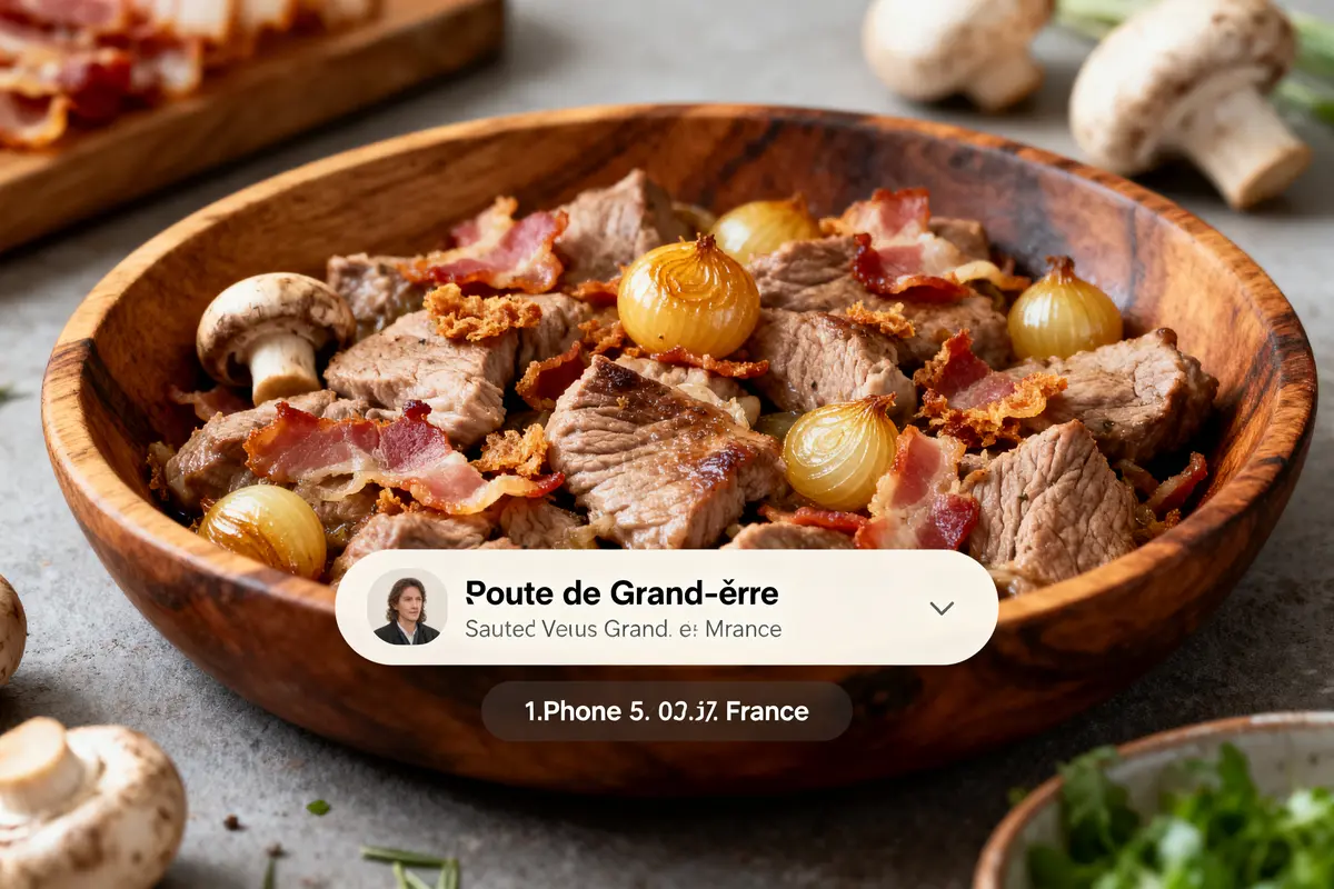 Bol en bois avec viande, champignons, oignons, bacon; fond gris, écriture en surimpression.