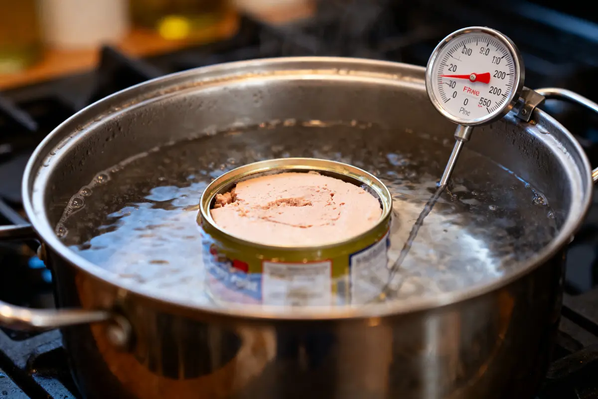 Boîte de conserve dans casserole d'eau bouillante avec thermomètre indiquant la température.