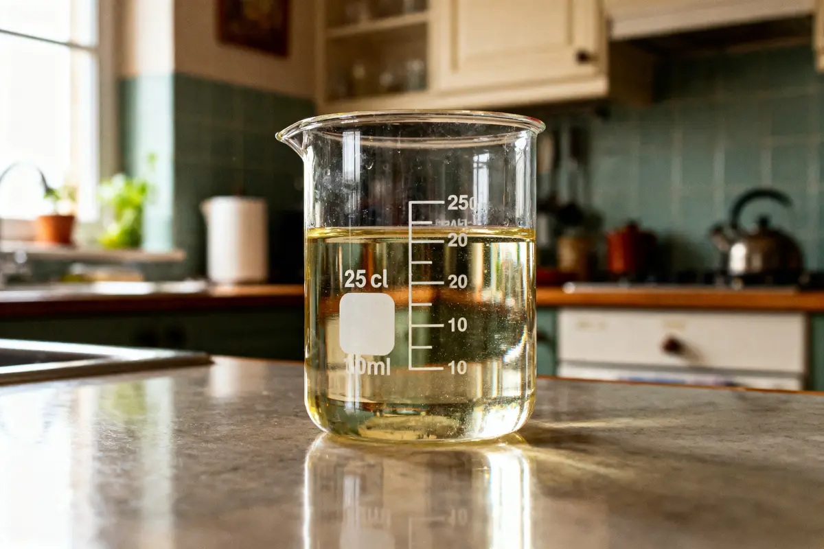 Bécher gradué contenant un liquide clair sur un plan de travail de cuisine en arrière-plan flou.