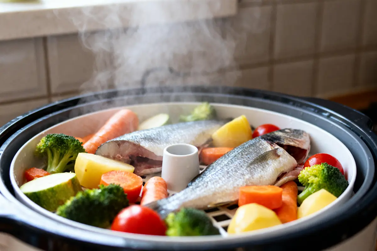 Poisson entier et légumes variés cuits à la vapeur dans un cuiseur. Томates, carottes, brocoli, pommes de terre.