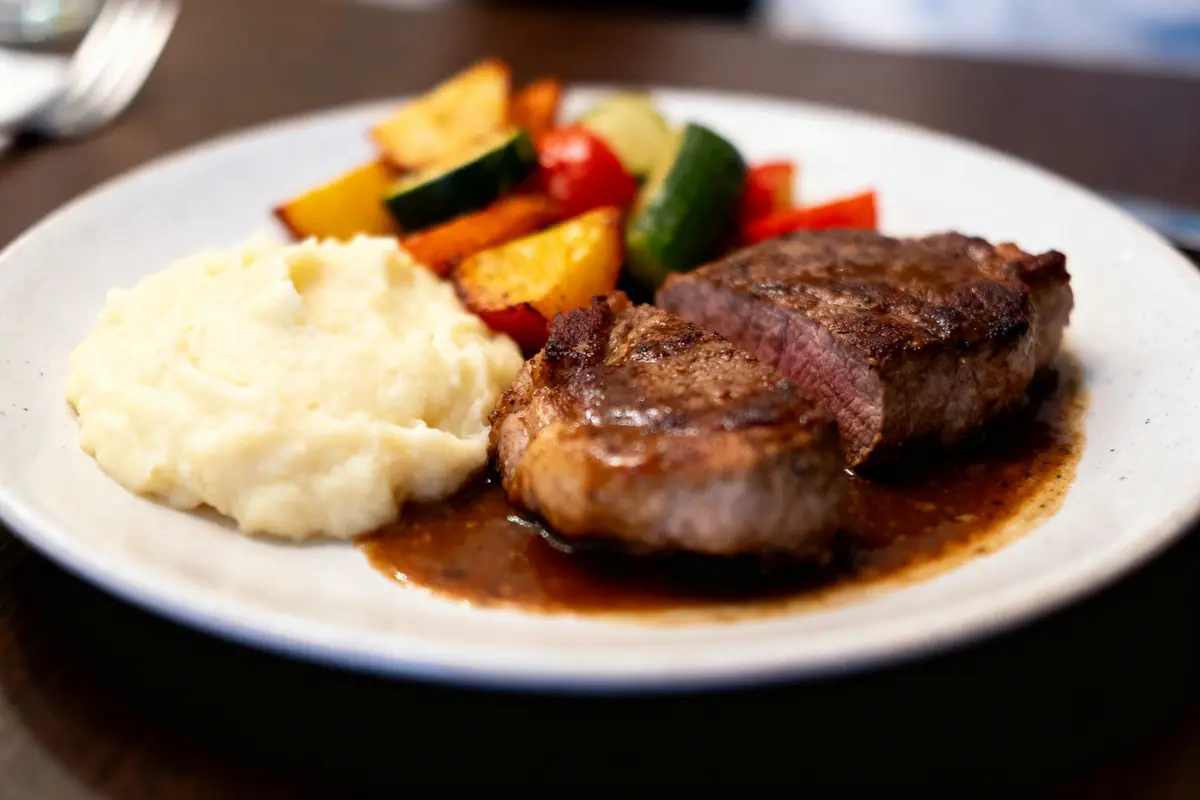Assiette de steak avec sauce, purée de pommes de terre et légumes grillés colorés.