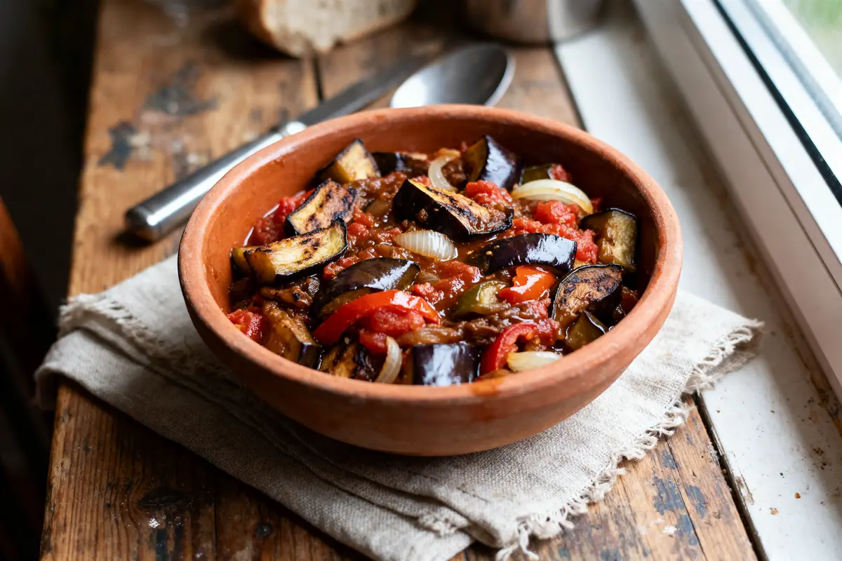 Bol en terre cuite contenant ratatouille aux légumes grillés sur table en bois près d'une fenêtre.