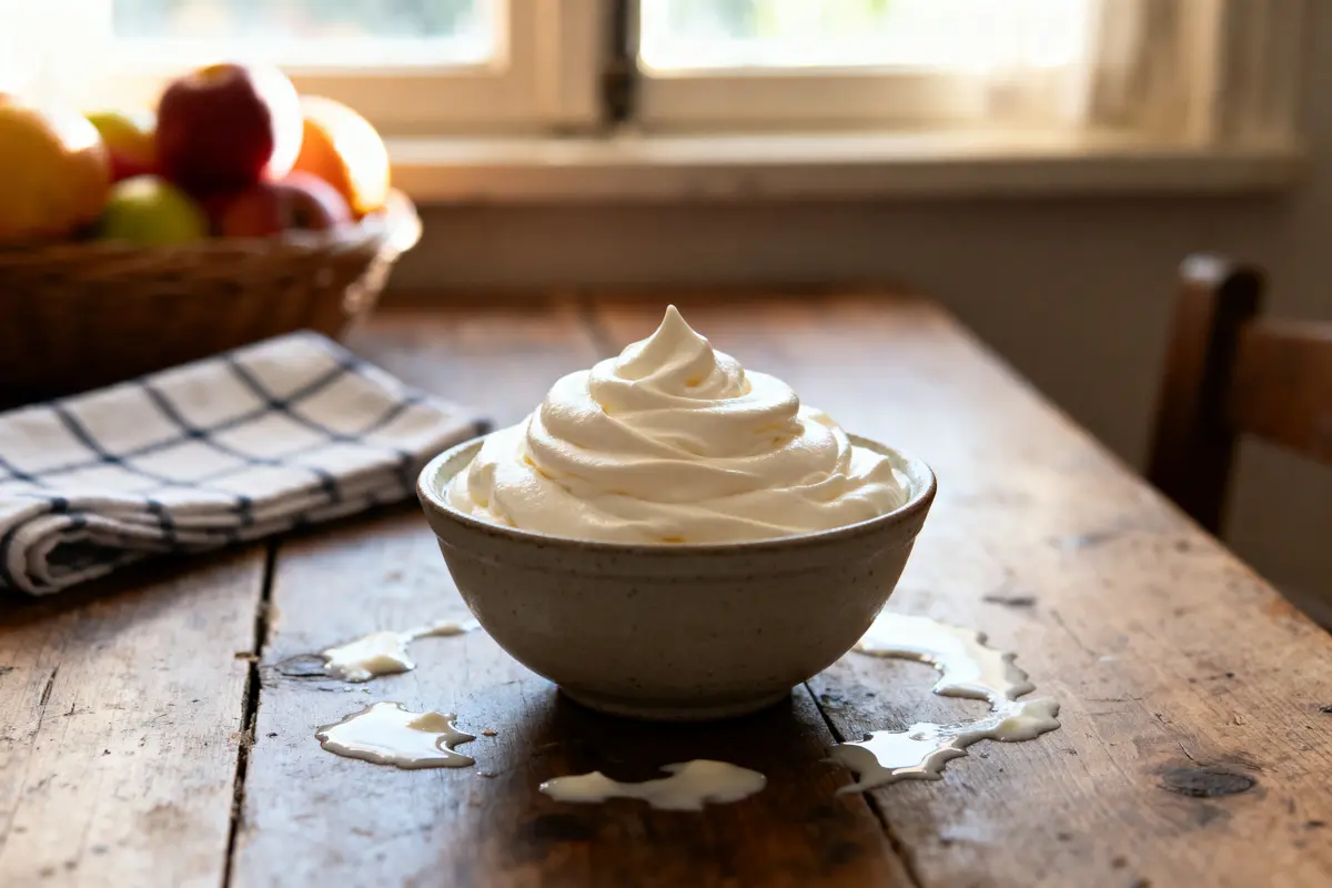 Bol de crème fouettée sur table en bois, avec fruits en arrière-plan.
