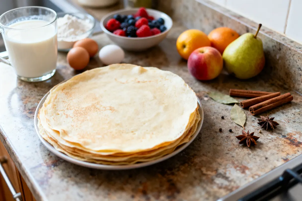 Assiette de crêpes avec lait, fruits, œufs, farine, cannelle, sur un comptoir de cuisine.