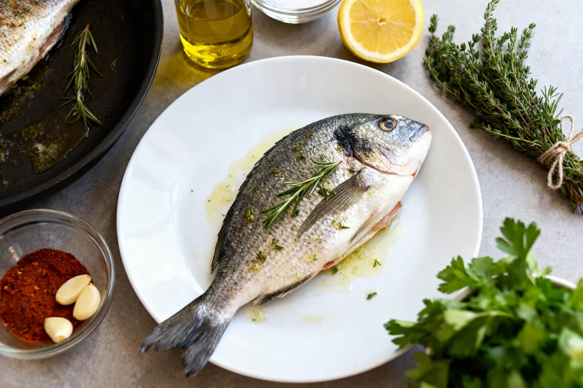 Poisson entier assaisonné avec herbes, ail, citron. Huile d'olive, épices et thym en arrière-plan.