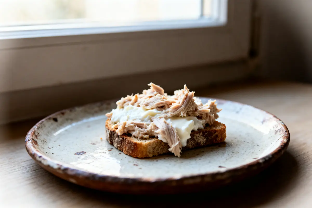Toast garni de crème et morceaux de poulet sur une assiette en céramique près d'une fenêtre.