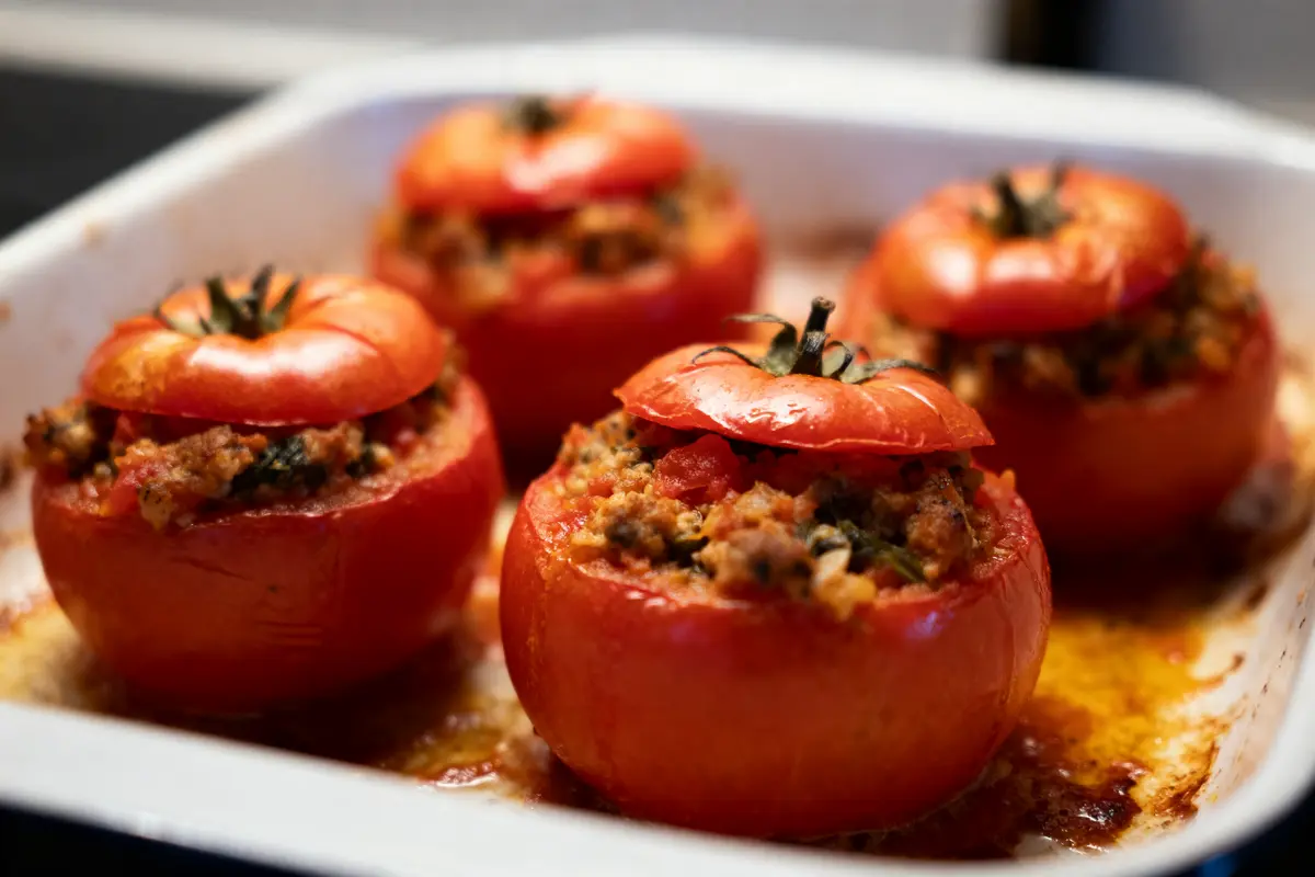 Quatre tomates farcies, au four, avec viande hachée et légumes, dans un plat blanc.