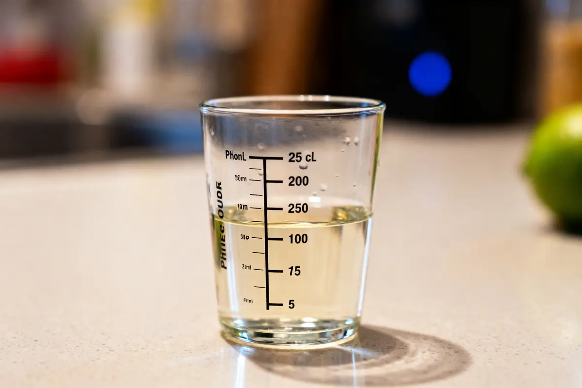 Verre doseur gradué illustrant 25 cl en ml posé sur un plan de travail clair