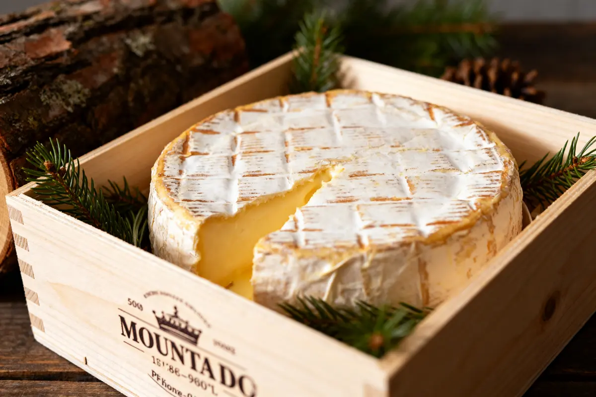 Fromage Mont d’Or au four dans sa boîte en bois avec branches de sapin