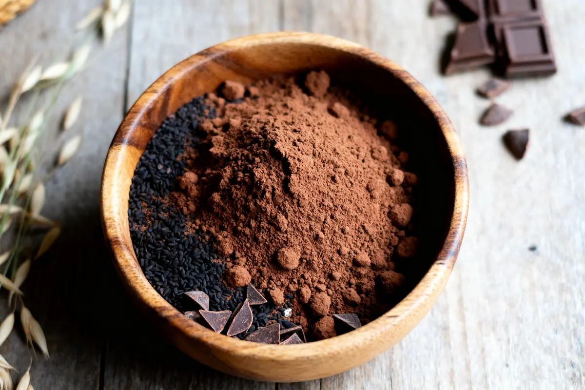Bol de cacao avec graines et morceaux de chocolat pour recette Tonimalt