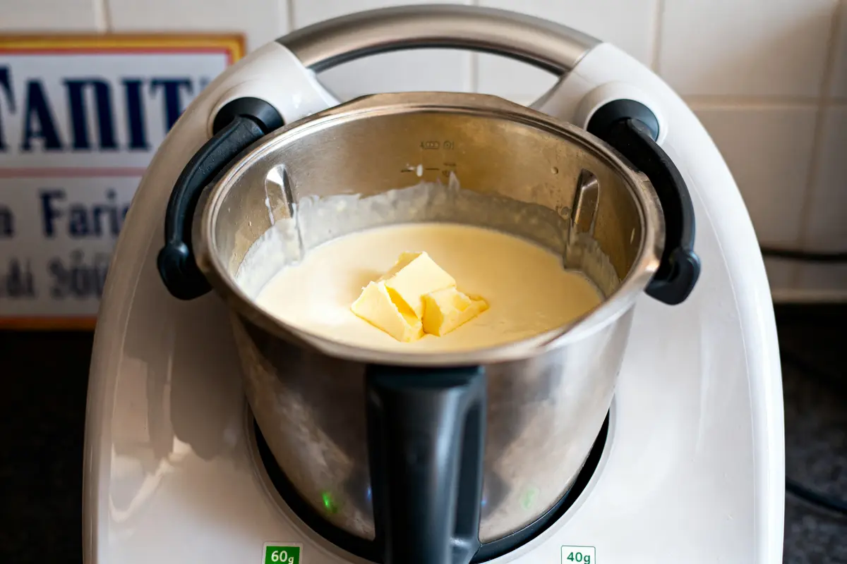 Préparation de béchamel au Thermomix avec beurre dans le bol de cuisson