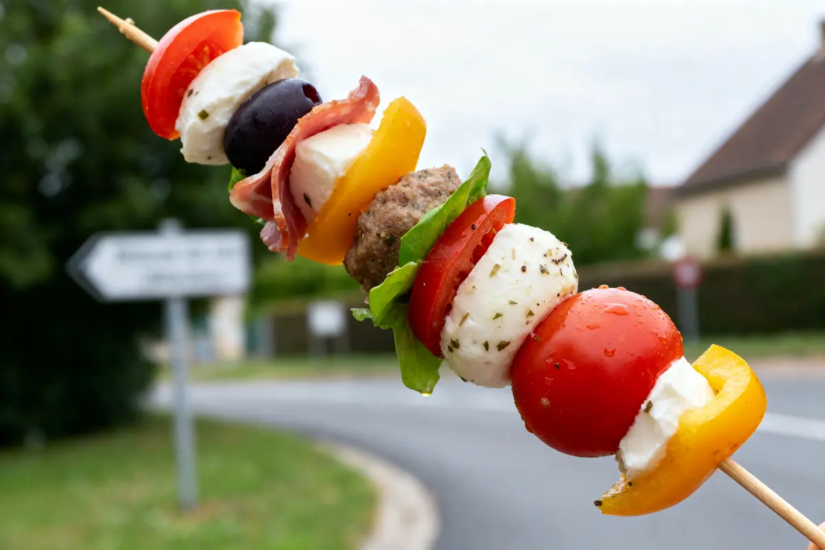 Brochette apéro à faire la veille avec légumes, fromage, viande et olive colorée