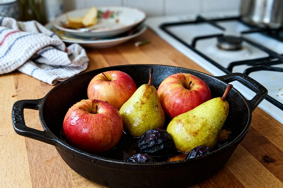 Pommes et poires fraîches dans une poêle pour compote de pomme et poire au four