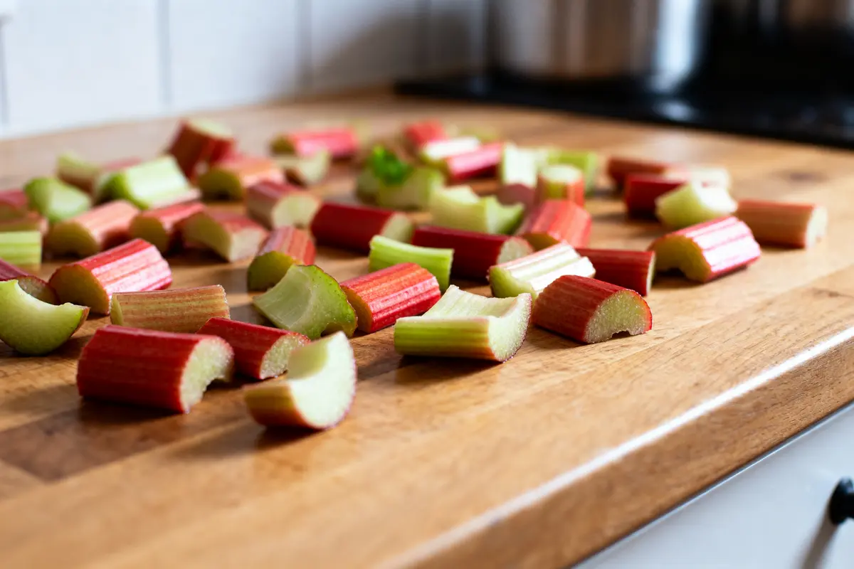 Morceaux de rhubarbe sur planche pour congeler de la rhubarbe efficacement en cuisine
