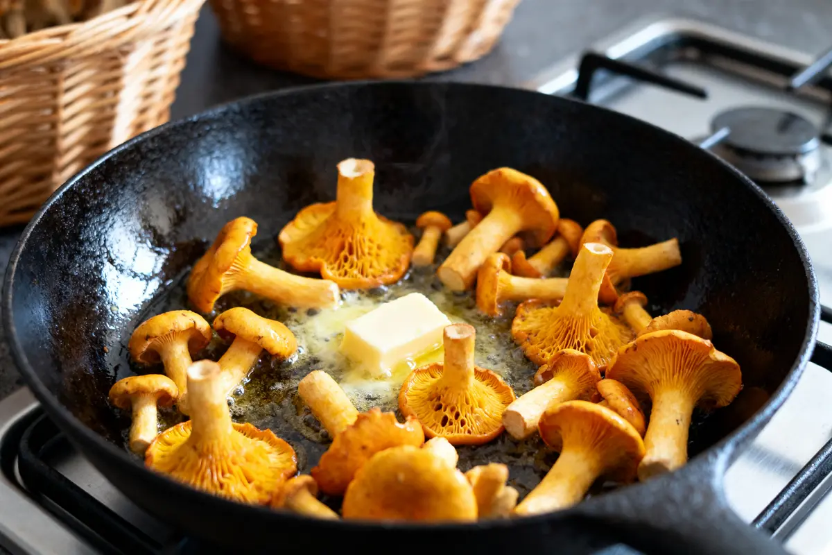 Cuisson de la chanterelle dans une poêle avec du beurre fondant sur une cuisinière