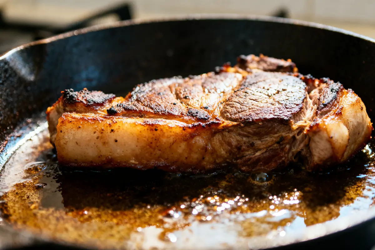 Steak juteux en cuisson dans une poêle en fonte chaude