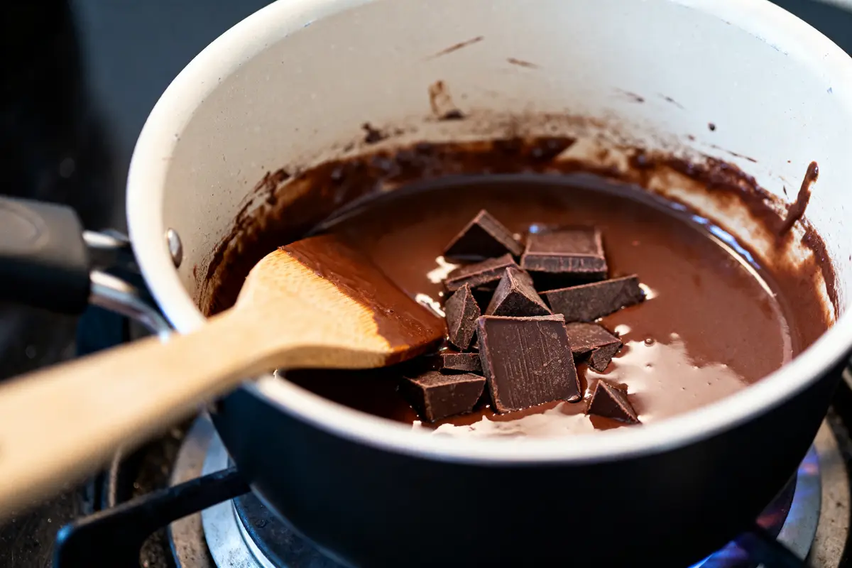 Chocolat en morceaux dans une casserole sur feu pour faire fondre du chocolat facilement