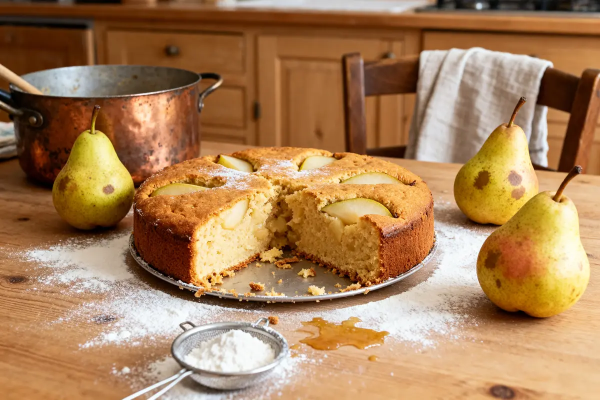 Gâteau aux poire façon grand-mère avec poires fraîches sur table rustique en bois