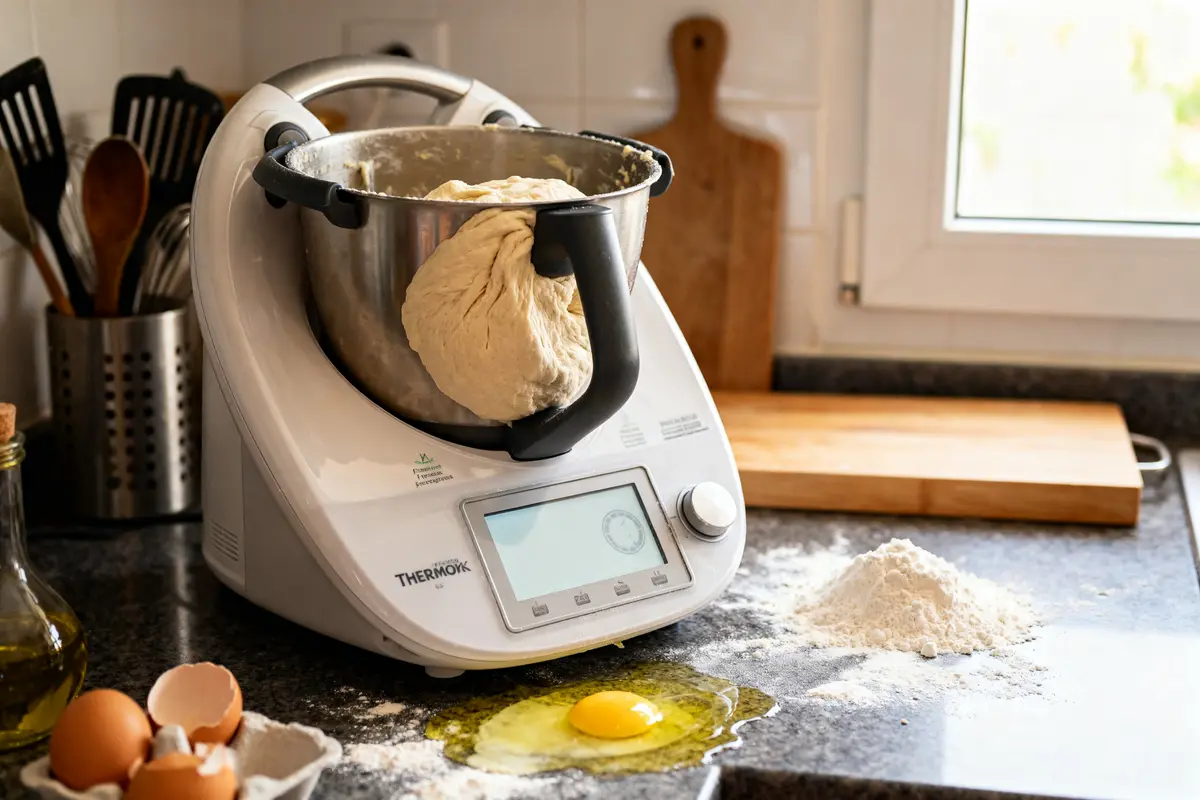 Pâte à pain levée avec mode pétrin Thermomix sur plan de travail enfariné adjacente à un œuf