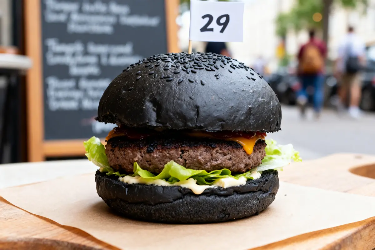 Burger avec pain burger noir, cheddar, viande et laitue sur planche en bois