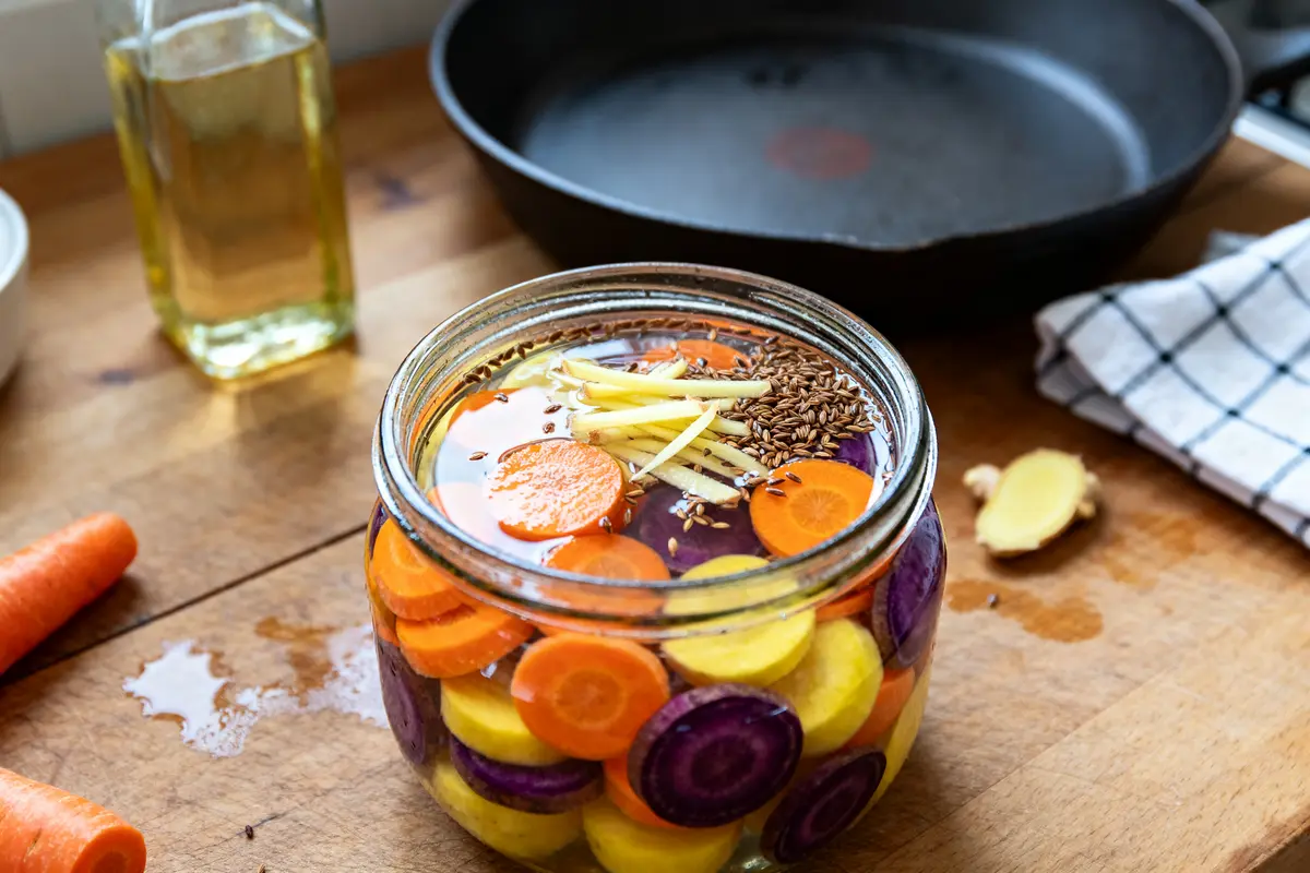 Bocal rempli de pickles de carottes multicolores, gingembre et graines sur table de cuisine
