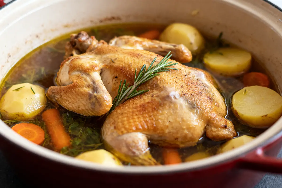 Poularde en cocotte façon grand-mère : recette facile et savoureuse