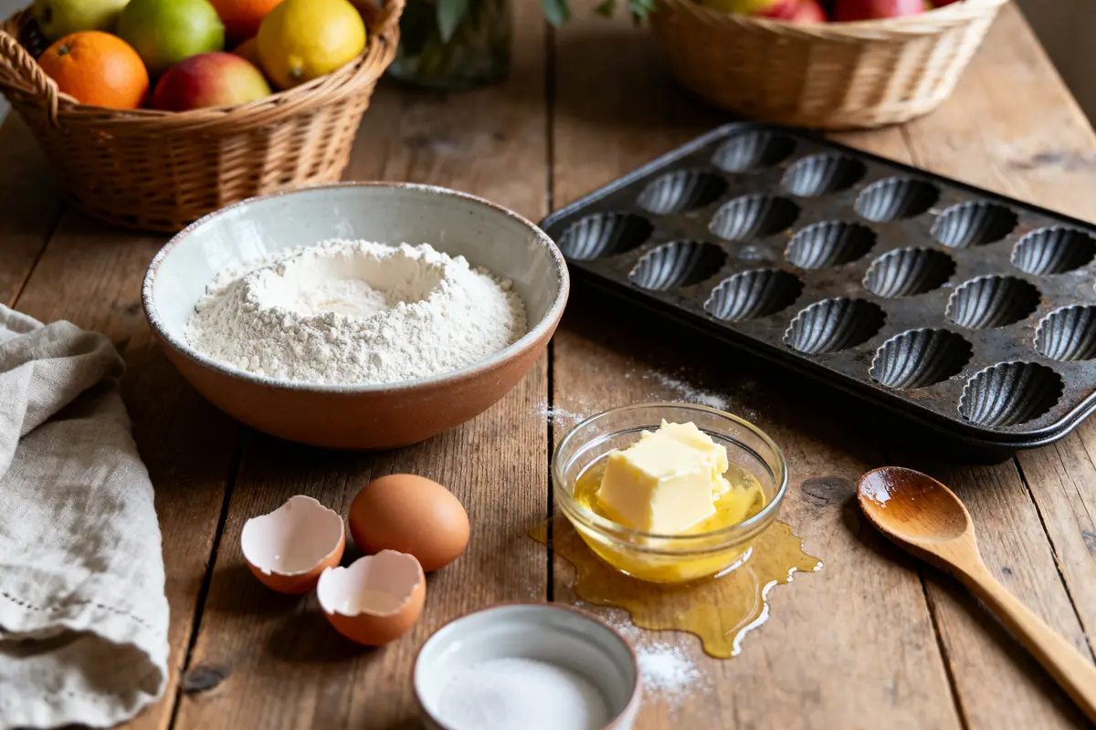 Ingrédients et moule pour recette de biscuit madeleine sur table en bois rustique
