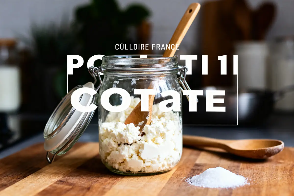 Pot de recette de cottage cheese avec cuillère en bois sur planche de cuisine