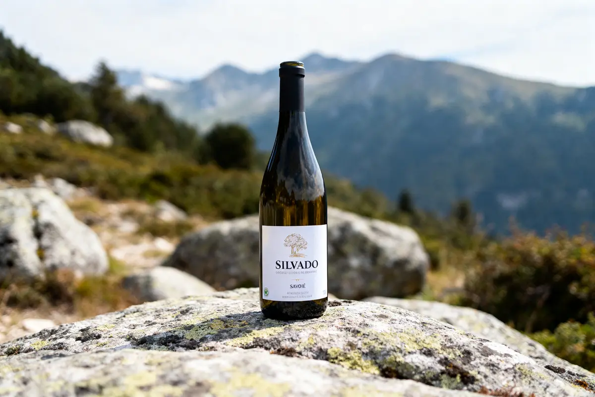 Bouteille de vin Silvado posée sur un rocher en montagne avec paysage naturel.