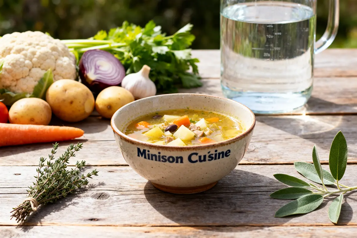 Bol de soupe Monsieur Cuisine sur table en bois avec légumes frais autour