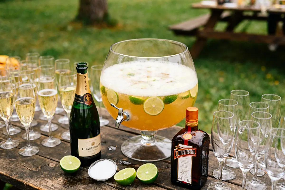 Grande vasque de soupe champenoise pour 20 personnes avec verres et bouteilles sur table bois