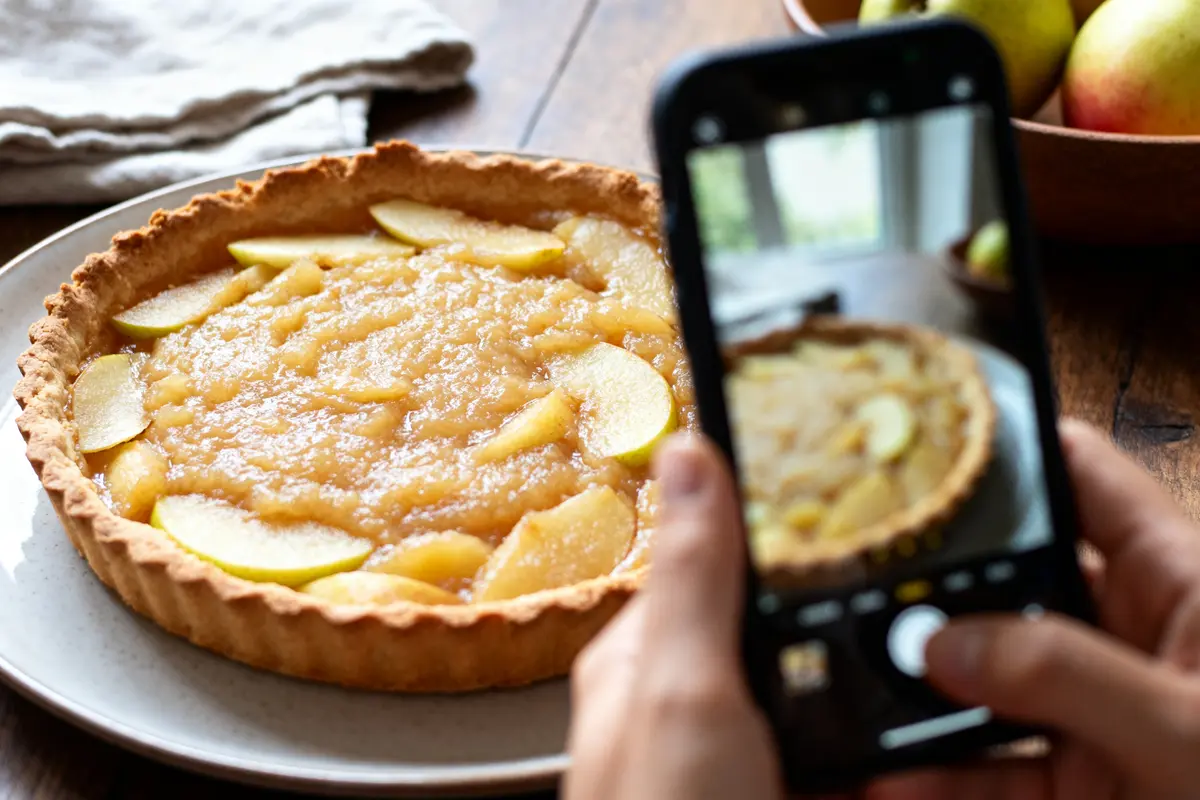 Personne photographiant une tarte à la compote de pomme avec des tranches sur un plateau