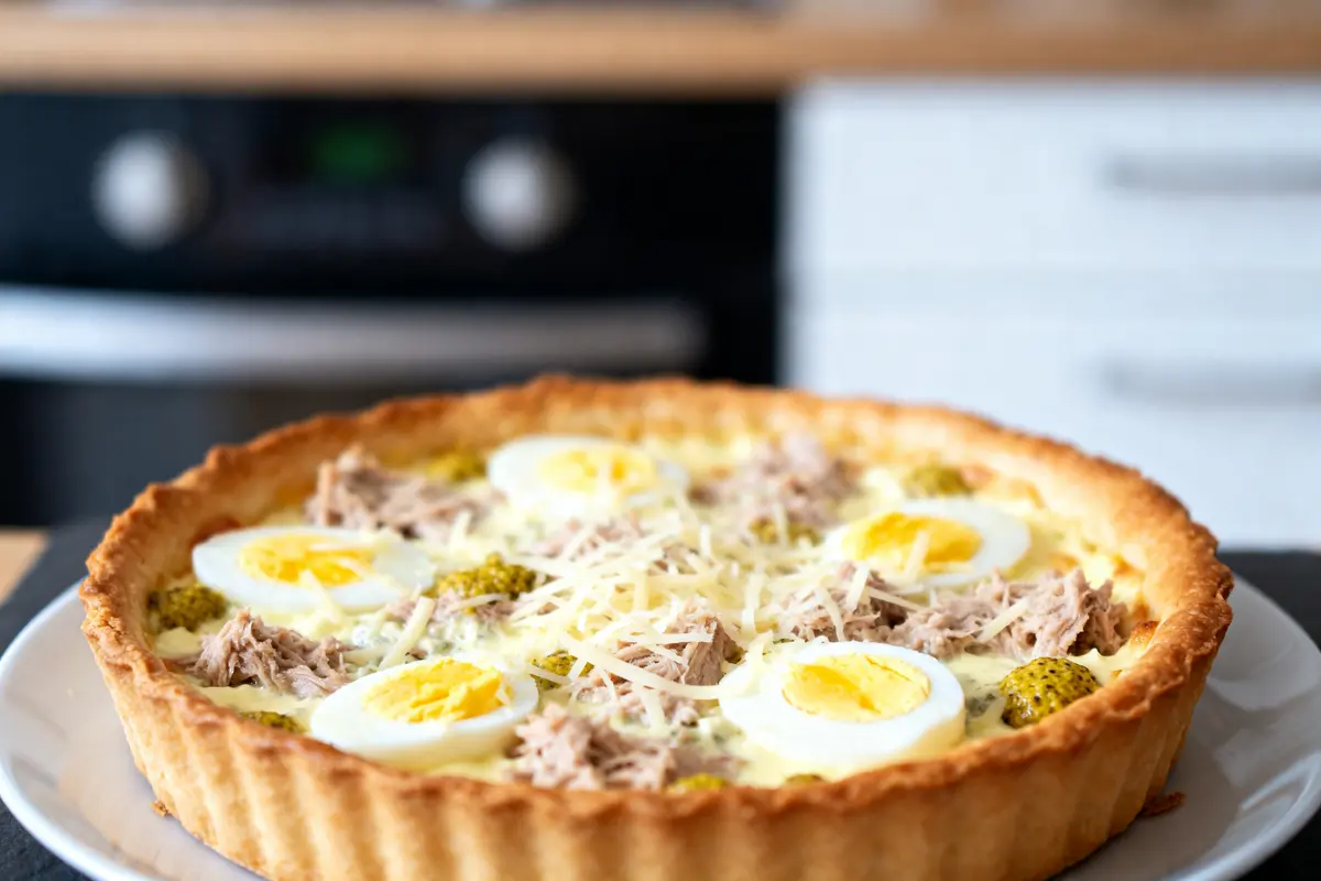 Tarte au thon garnie d'œufs durs et fromage râpé sur une assiette blanche