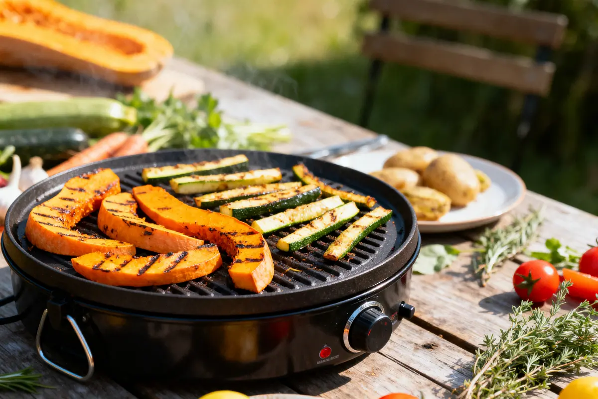 Tranches de courge et courgette grillées sur barbecue, légumes frais et herbes en arrière-plan.