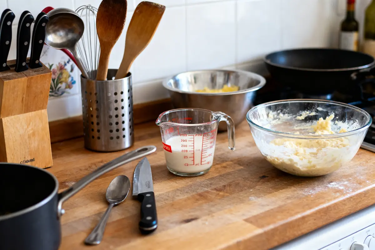 Plan de cuisine avec ustensiles, couteaux, bol de mélange, cuillère et tasse à mesurer sur comptoir en bois.
