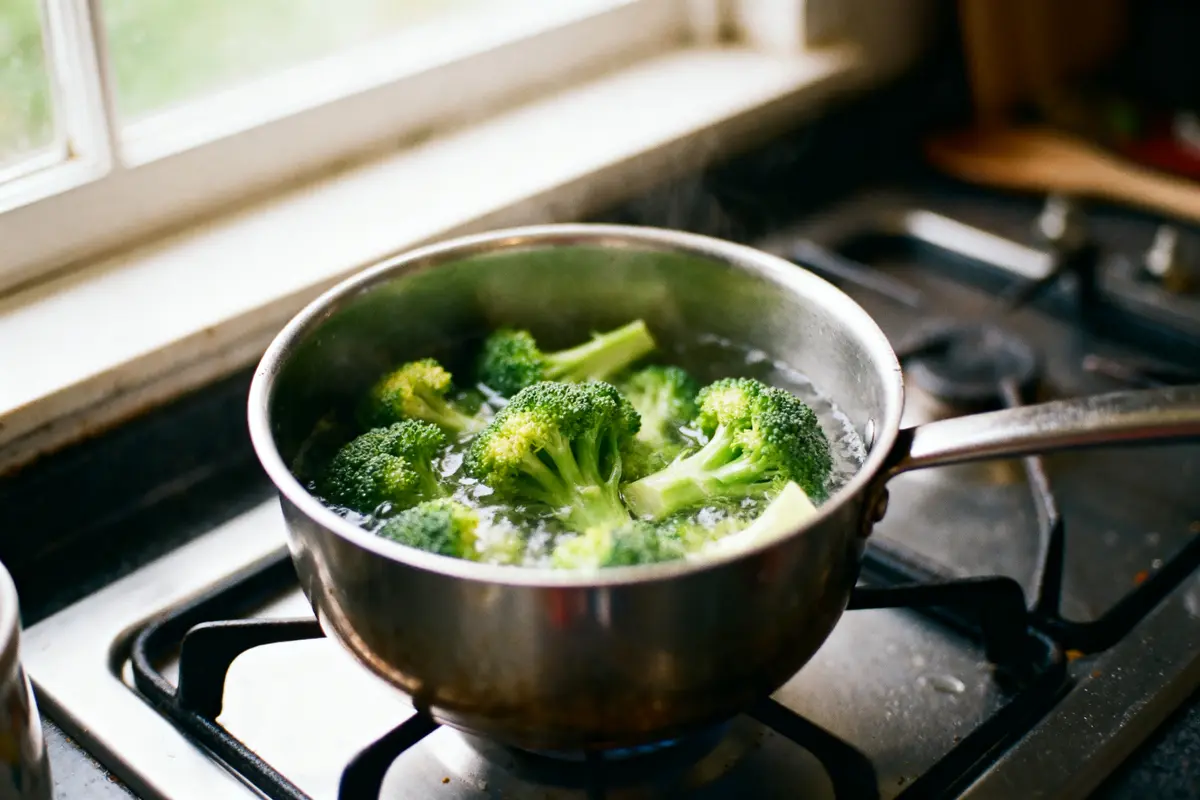 Casserole d'eau bouillante avec brocoli, sur cuisinière, près d'une fenêtre ensoleillée.