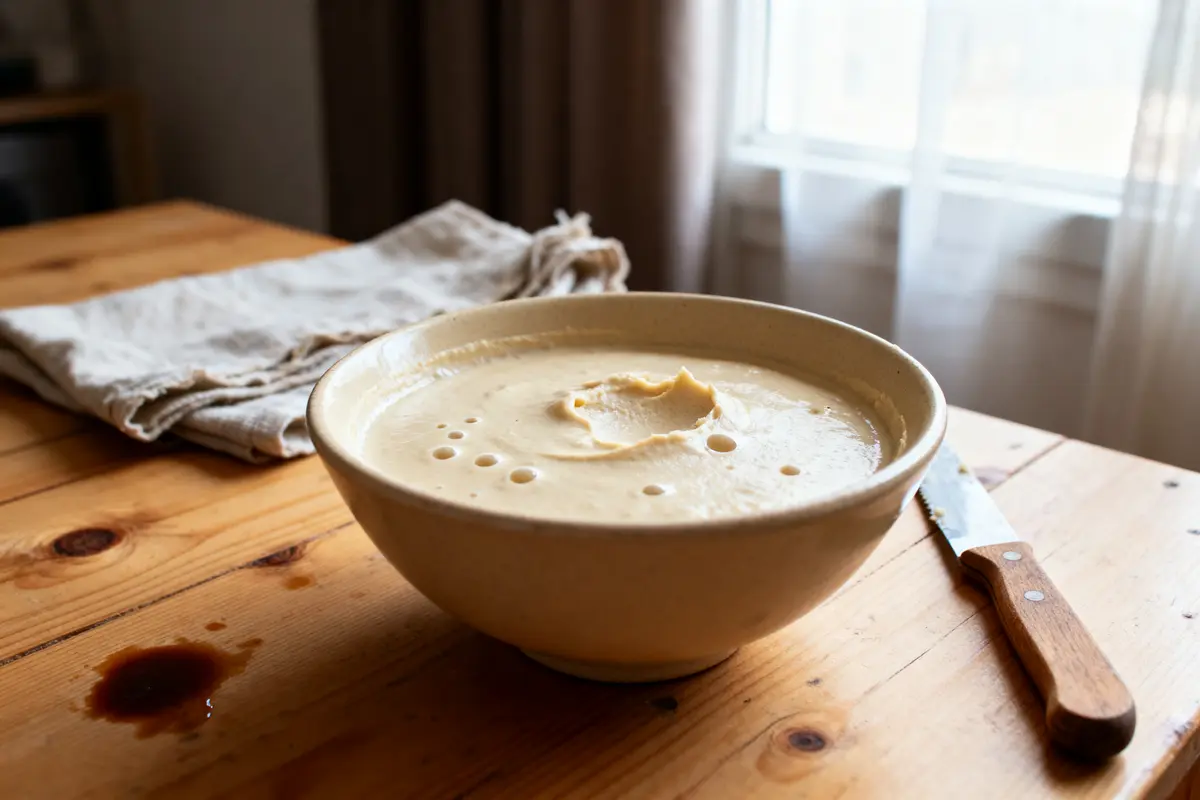 Bol de purée crémeuse sur une table en bois, avec couteau et serviette à proximité.