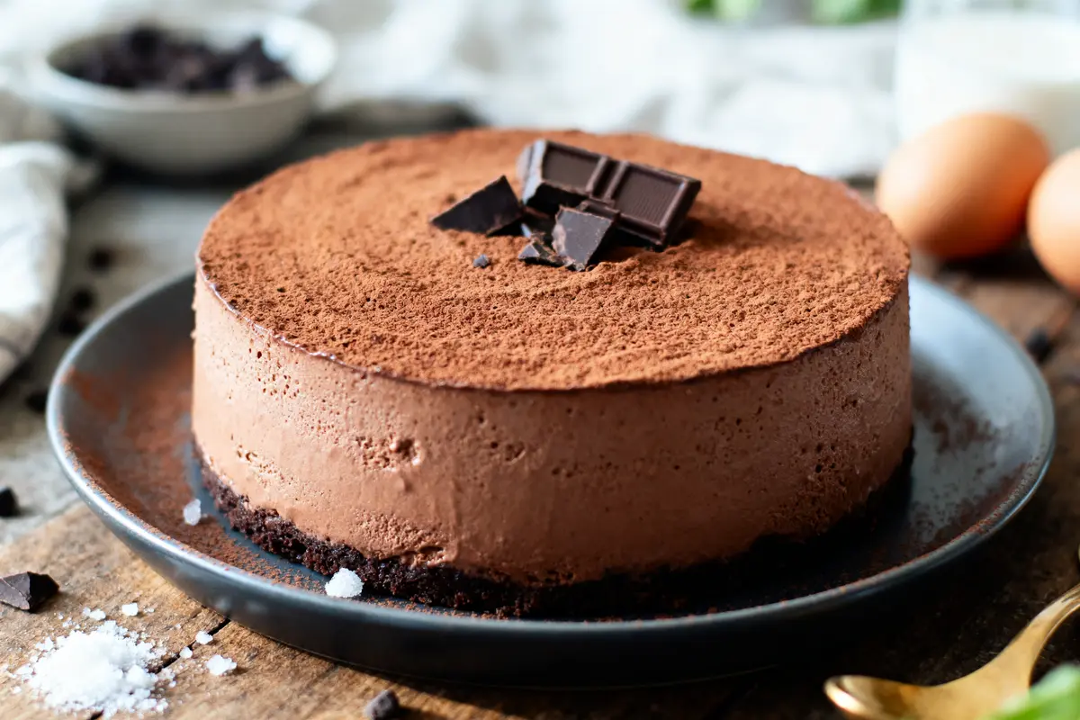 Gâteau mousse au chocolat sur assiette noire, décoré de morceaux de chocolat, table en bois.