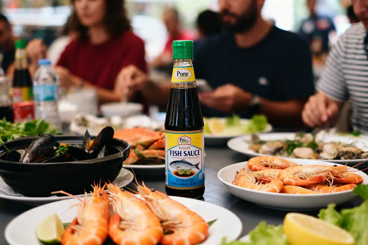 Personnes dégustant fruits de mer avec sauce poisson au centre d'une table conviviale.