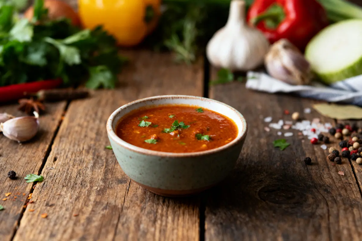 Bol de soupe tomate avec herbes, entouré d'ail, légumes et épices sur table en bois.
